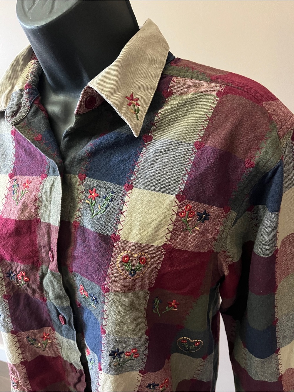 Vintage Penmans Cotton Embroidered Plaid Button-Up Shirt — Burgundy, Olive, Navy